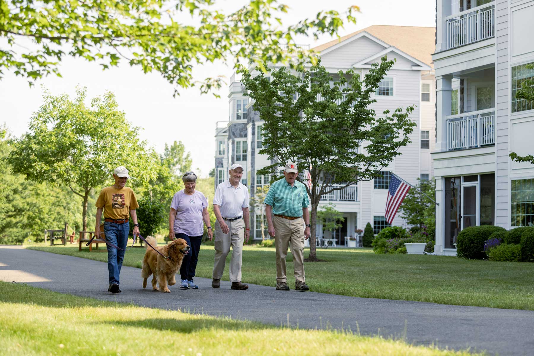 7M0A-0425 a group of seniors taking their dog on a walk